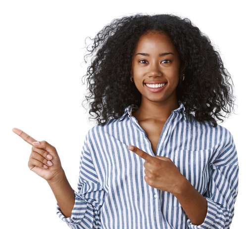 Smiling woman pointing, representing SureLoan customer support