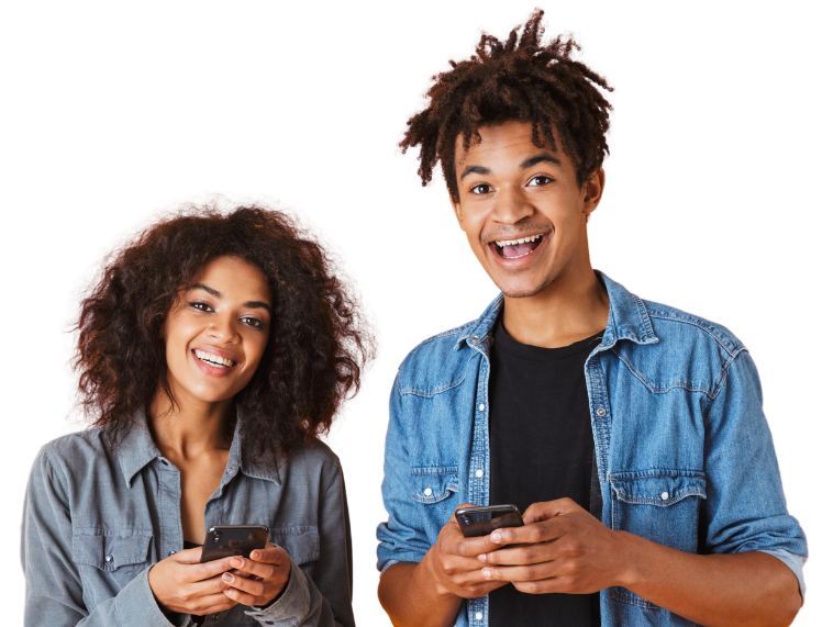 Two young people smiling and holding smartphones