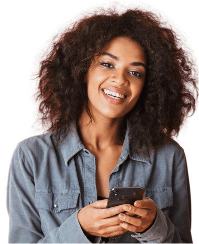 Young woman smiling and holding a smartphone